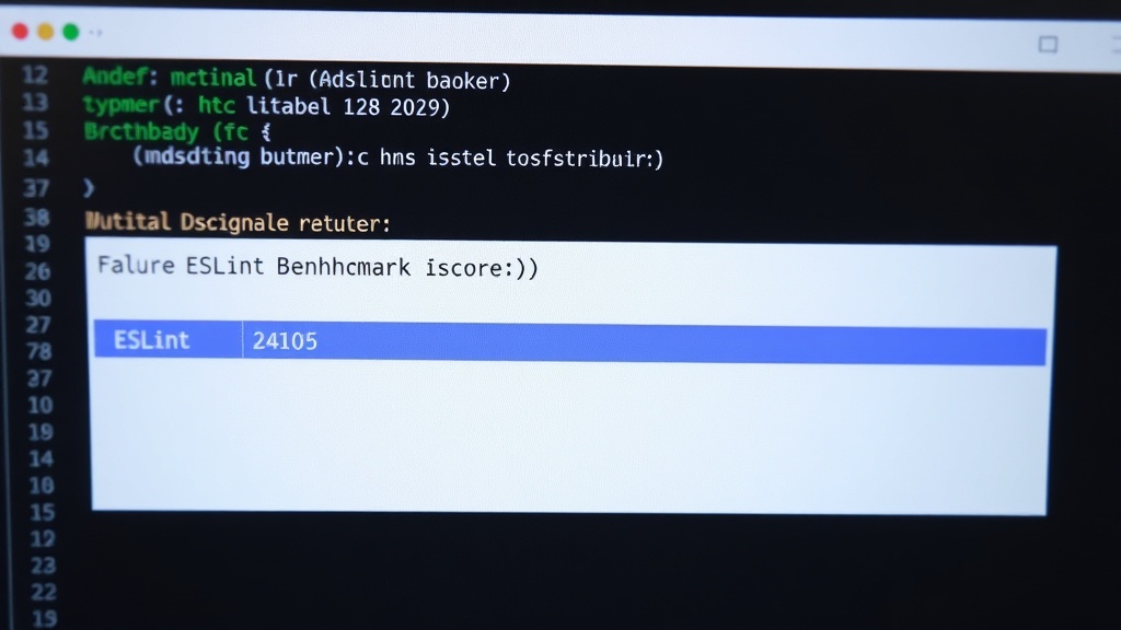 Terminal output showing a flawed ESLint benchmark result with a false zero score