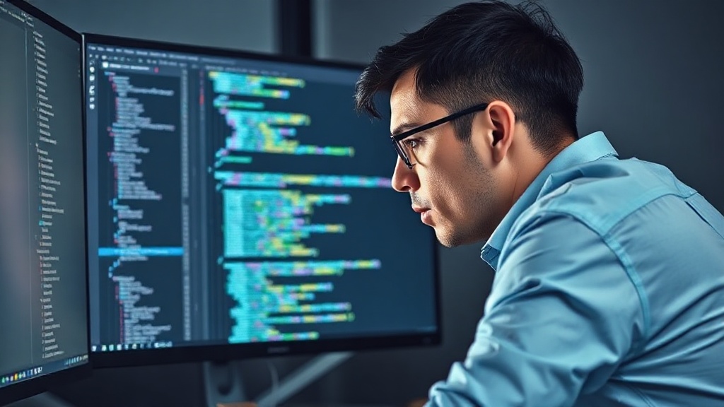 Developer looking stressed at a computer screen with complex code