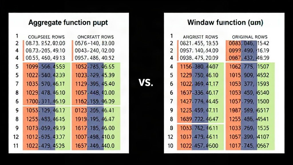 Visual comparison of aggregate function output (collapsed rows) versus window function output (original rows with added context)