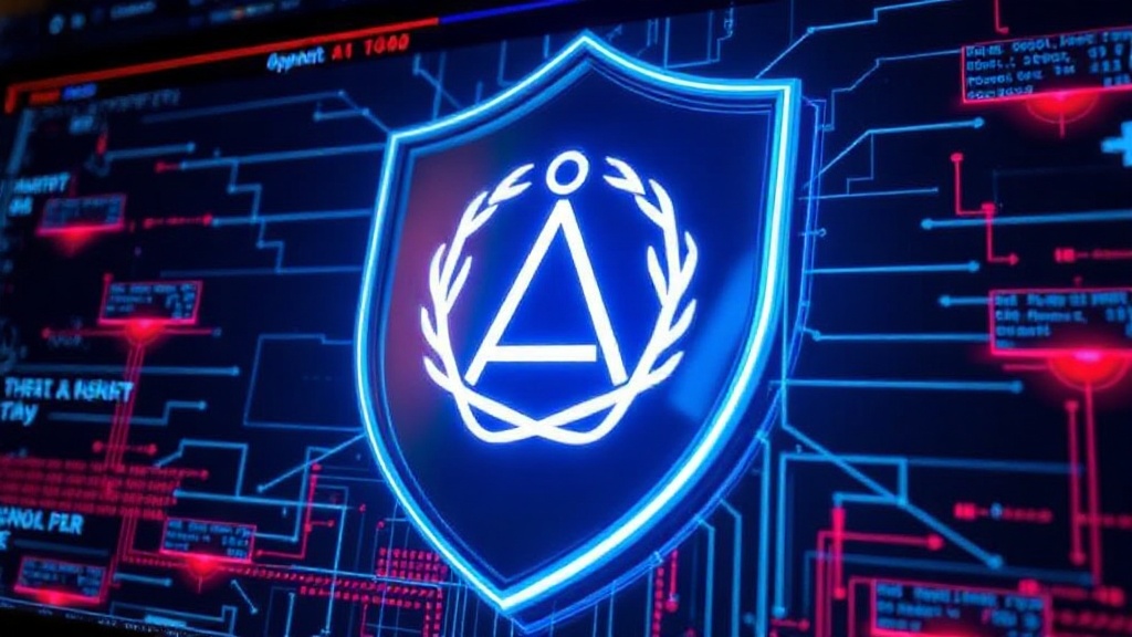 OpenAI logo displayed on a digital security interface with abstract threat visualizations