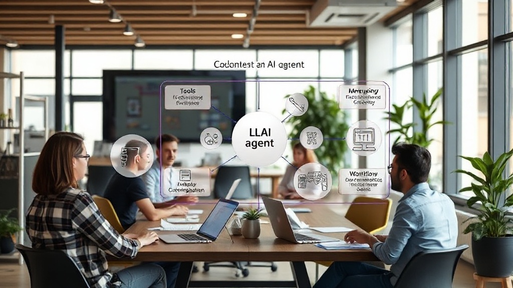A diagram illustrating the components of an AI agent: LLM, tools, memory, and workflow orchestration.