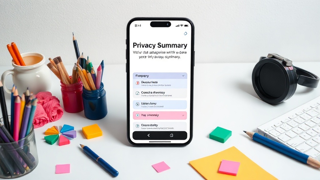 A mock-up of a mobile app privacy summary screen with clear data categories and purposes.