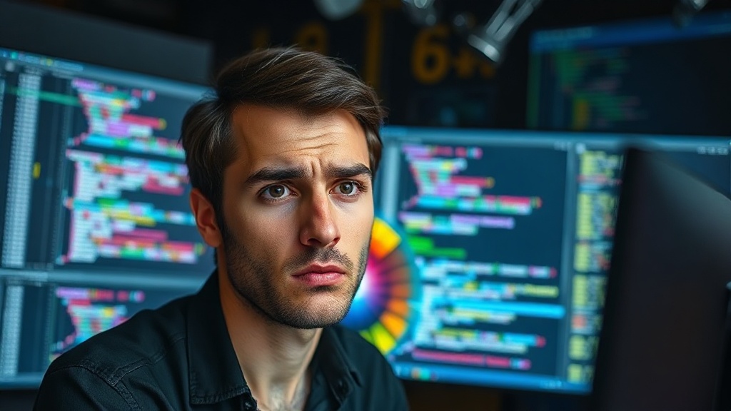 Developer looking confused at a screen displaying AI-generated code