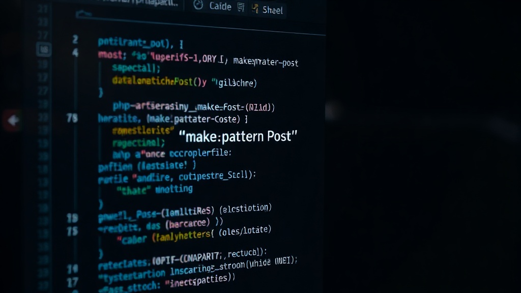 Terminal output showing the `php artisan make:pattern Post` command generating files