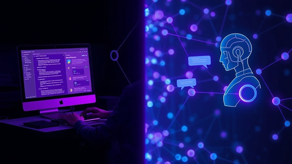 A split image showing a person using a traditional computer interface on one side and an AI chatbot interface on the other.