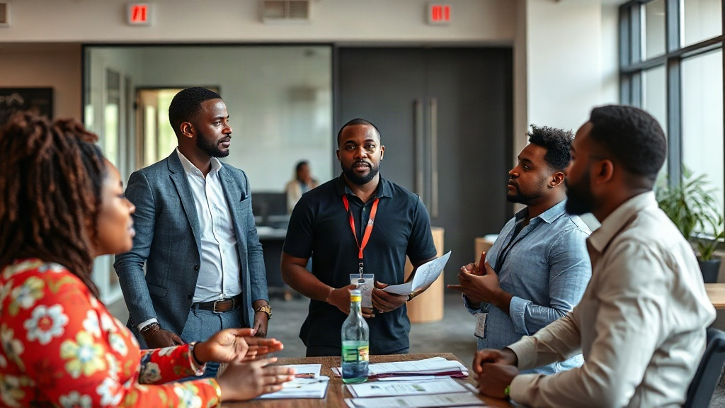 Nigerian entrepreneurs discussing financial technology solutions at a Lagos startup event