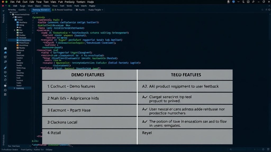 A comparison chart showing demo features versus actual product requirements and user feedback.