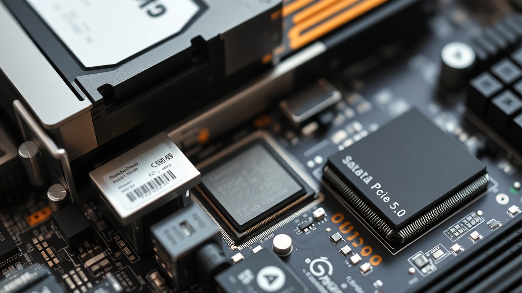 Comparison of SATA, PCIe 4.0, and PCIe 5.0 SSDs connected to a motherboard