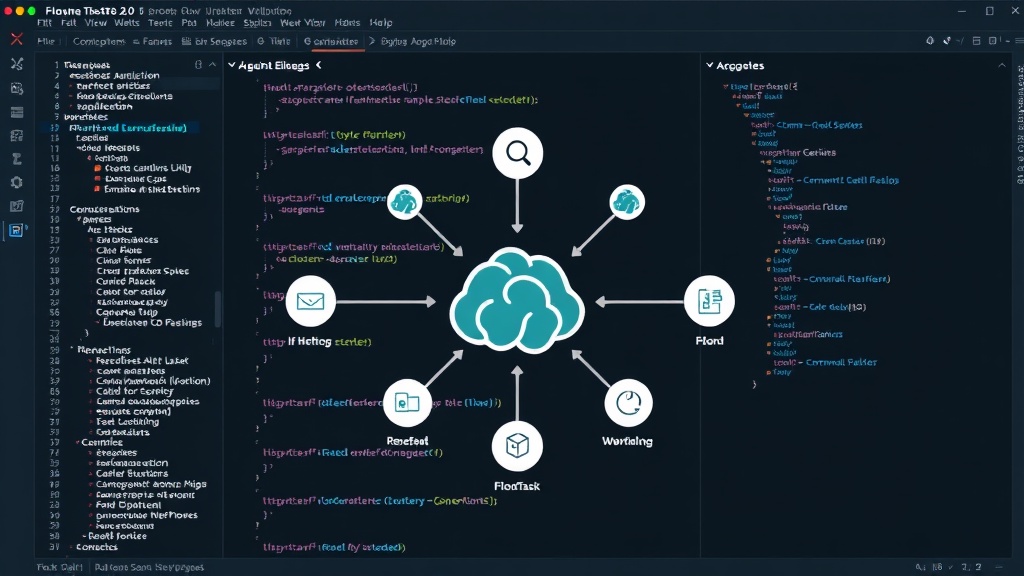 Conceptual diagram illustrating how FlowTask 2.0 connects and manages multiple AI agents.