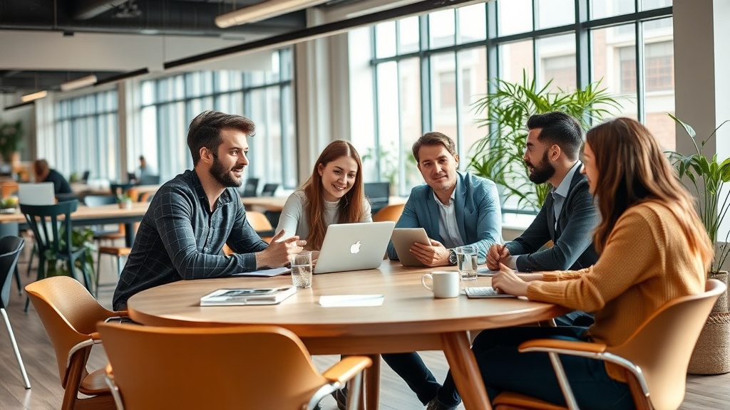 Founders of climate tech startups collaborating in a modern co-working space.