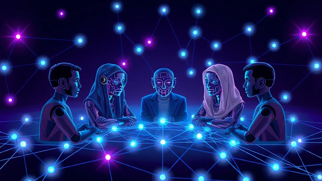 Illustration of six distinct AI agent avatars participating in a virtual discussion.