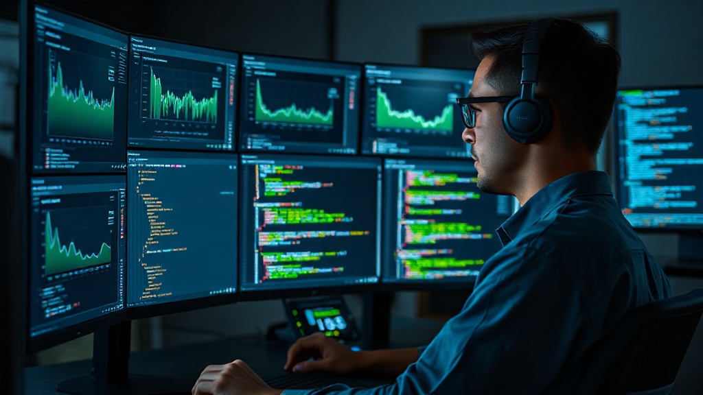 DevOps engineer reviewing multiple dashboards and log streams on their monitor.