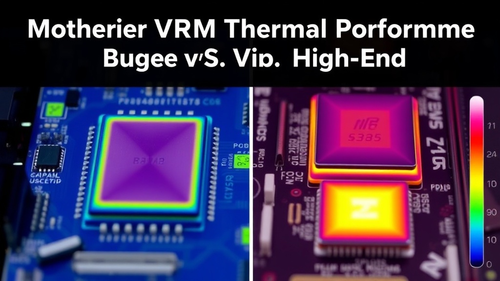 Thermal imaging comparison of budget versus high-end motherboard VRM temperatures under load.