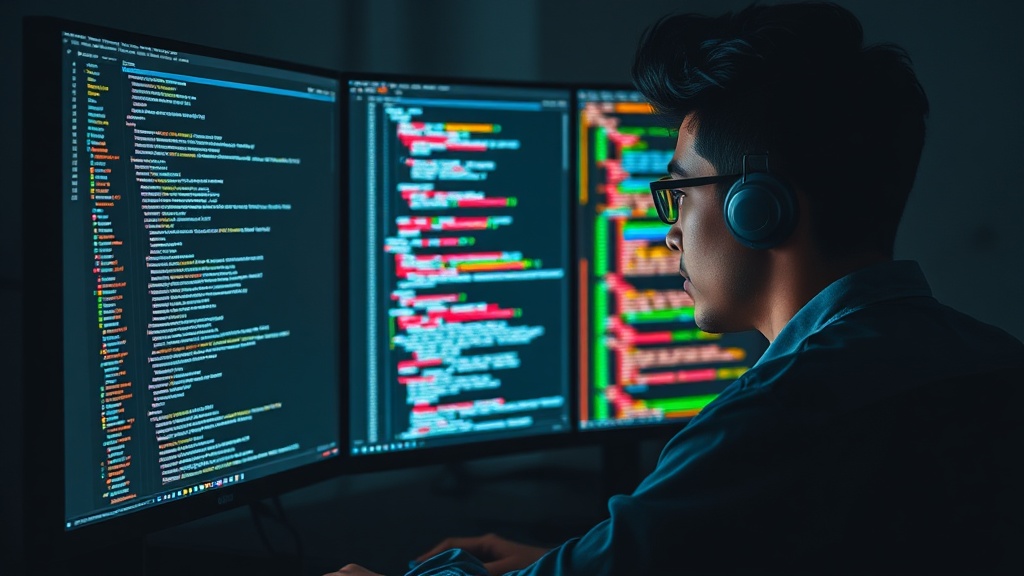 A programmer meticulously reviewing AI-generated code on a multi-monitor setup.