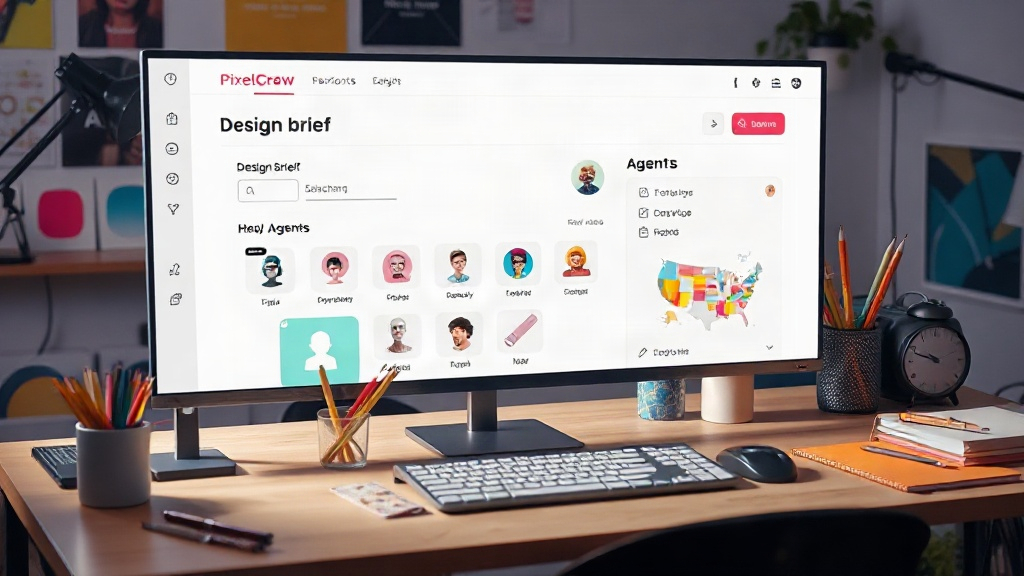 User interface of PixelCrew showing a design brief input field and AI agent selection.
