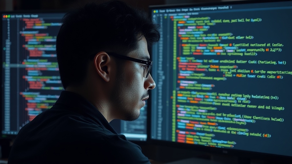 A developer staring at a screen, surrounded by code snippets and AI suggestions