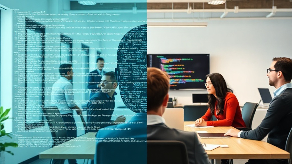 A split image showing complex code on one side and a user-friendly no-code interface on the other
