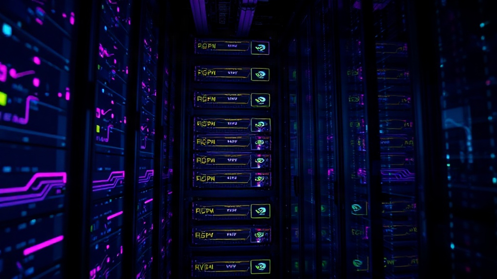 Nvidia GPU server rack illuminated in a dark data center