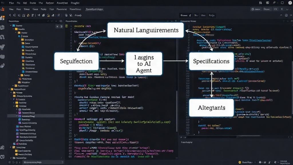 Diagram illustrating the flow from natural language requirements to machine-readable specifications via AI agents