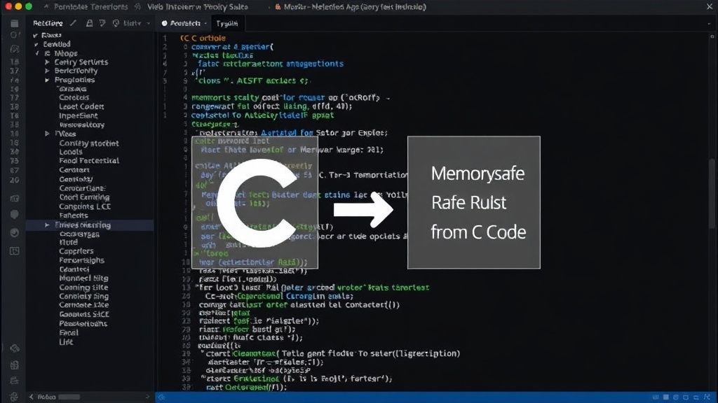 Conceptual diagram illustrating C code being transformed into memory-safe Rust code by Fil-C