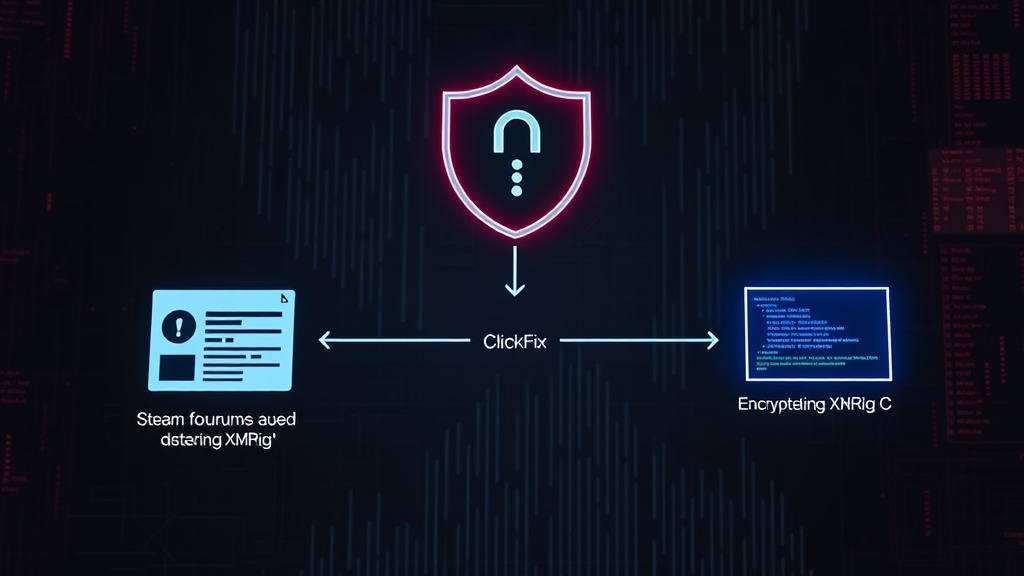 Diagram illustrating the ClickFix attack chain from forum post to cryptominer execution