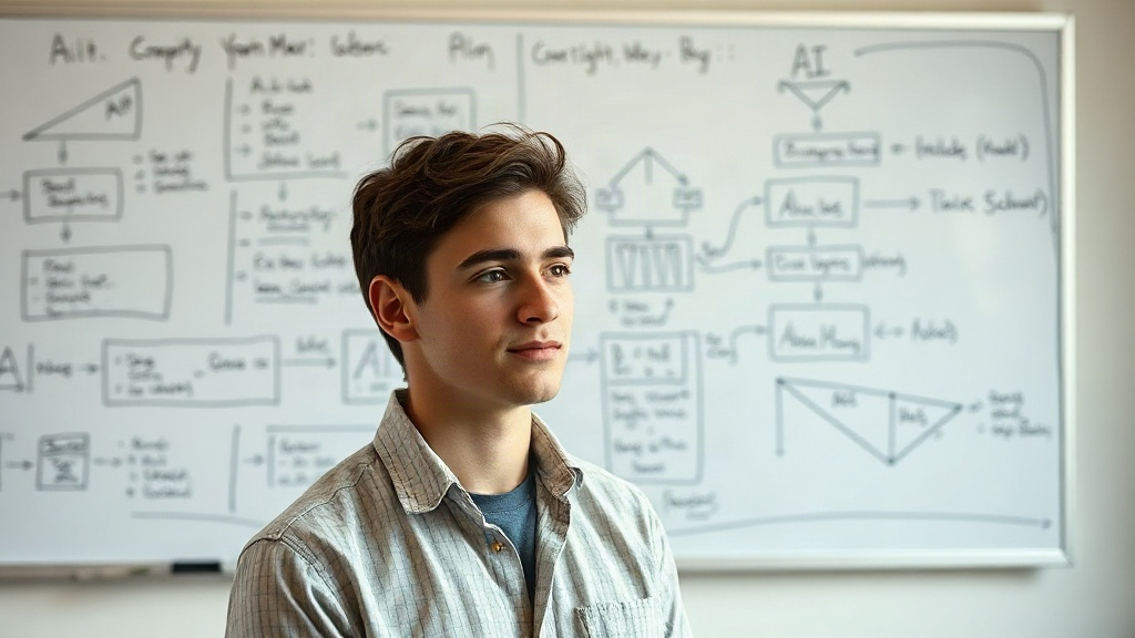 Young startup founder in front of a whiteboard filled with complex AI algorithms