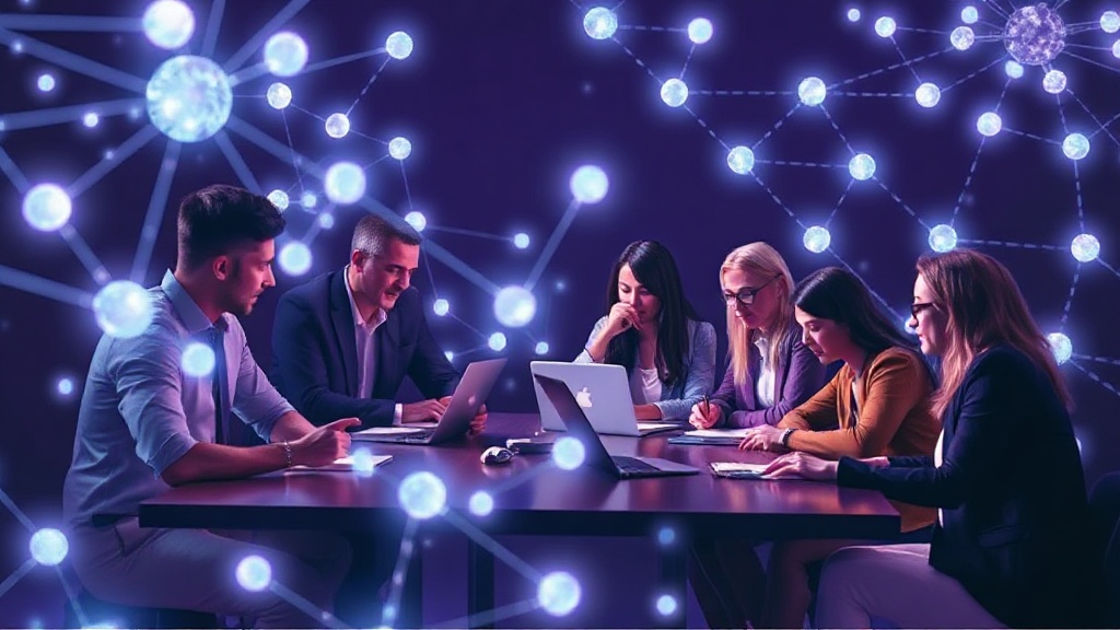 Diverse group of professionals collaborating around a table with laptops and notepads