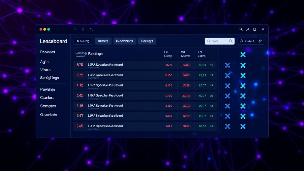 A screenshot of the LoRA Speedrun leaderboard interface showing benchmark results and rankings.