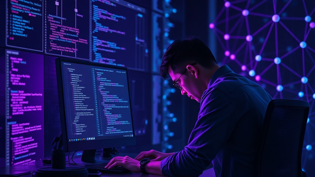 A developer hunched over a monitor, surrounded by complex code and AI output visualizations.