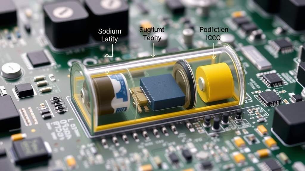 Diagram illustrating the basic components and chemical reactions in a sodium-ion battery cell.