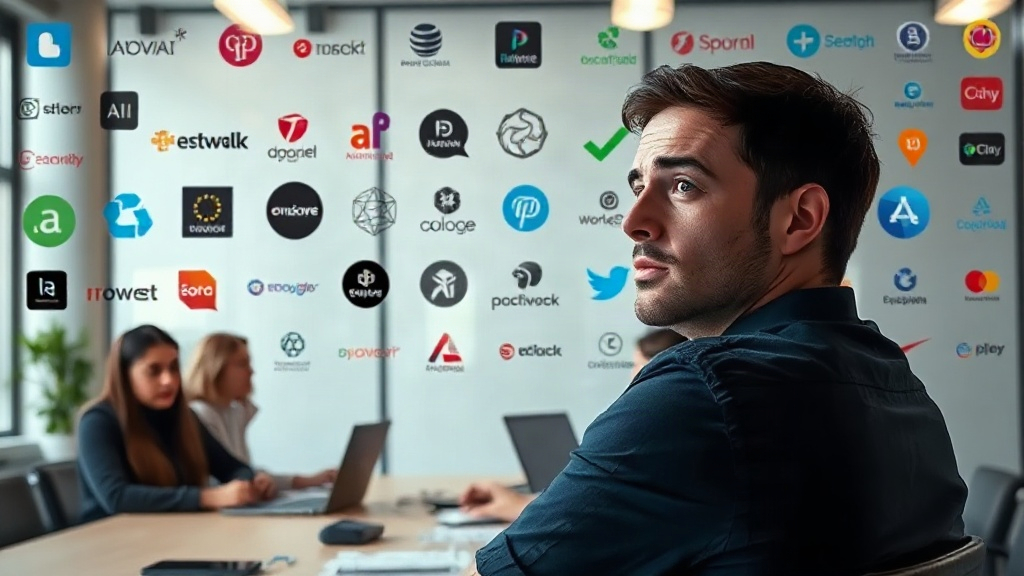A developer looking overwhelmed by a multitude of AI product logos.