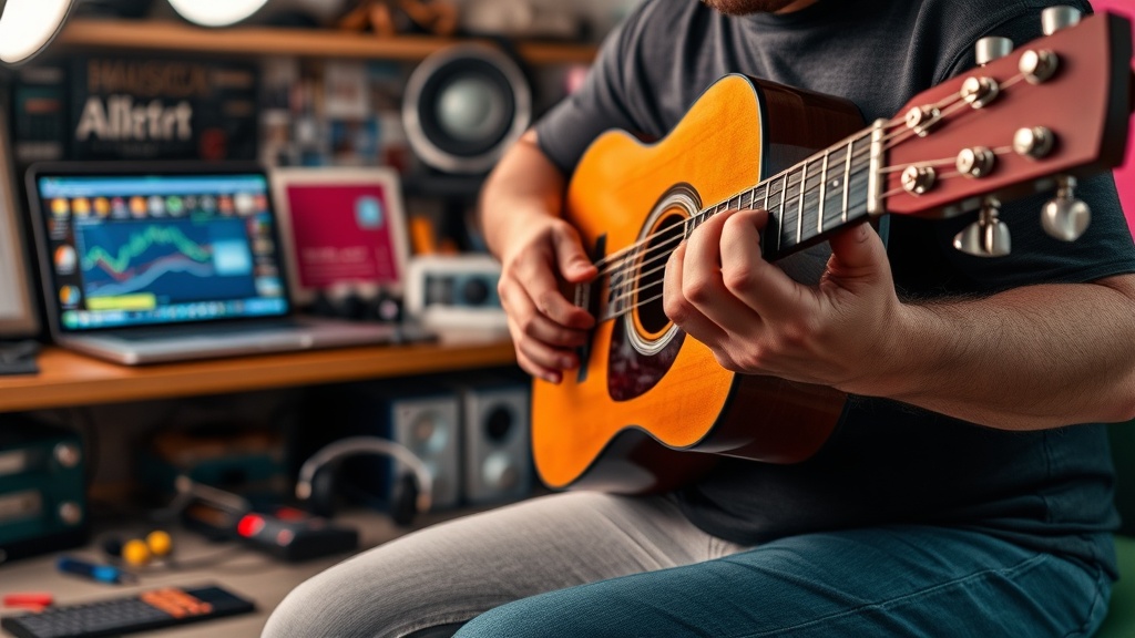 Acoustic guitar being played, representing the human interpretation of AI music