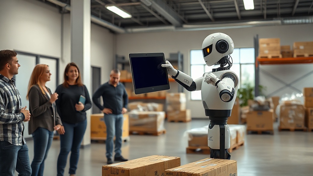 Agility's Digit humanoid robot performing a lifting task in a simulated warehouse environment.