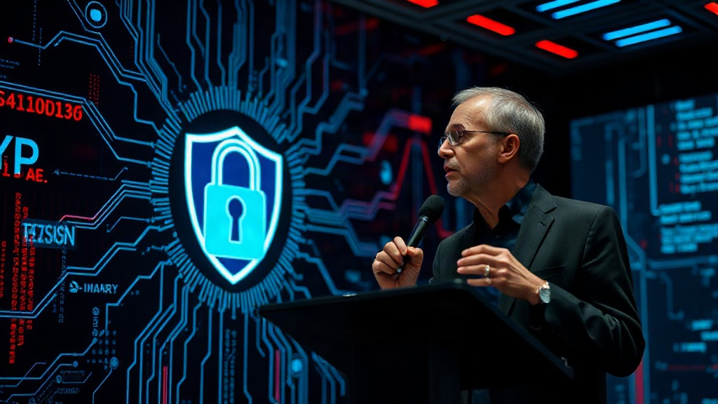 Bruce Schneier speaking at a cybersecurity conference about surveillance technologies