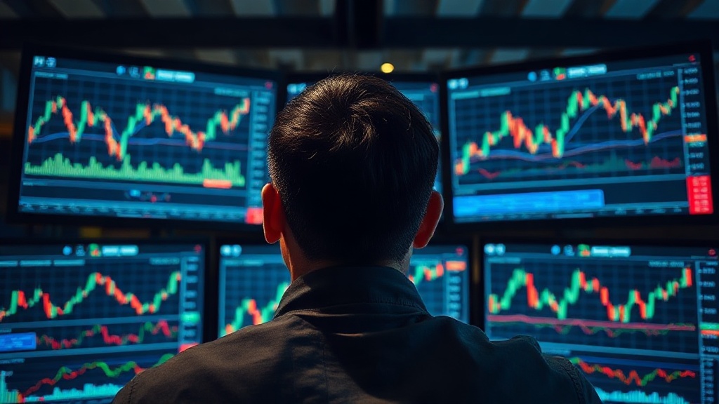 A trader staring intently at multiple complex financial charts on screens