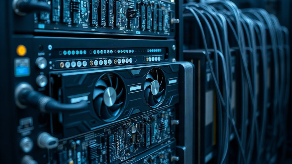 Rack of high-performance GPUs ready for installation in an AI data center