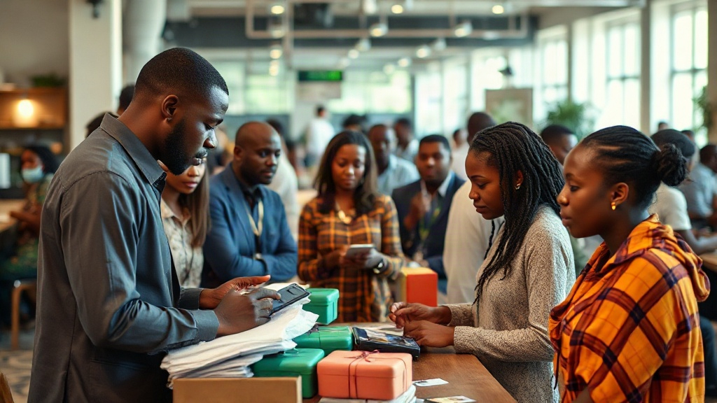 Mobile money agents serving customers in a bustling African market