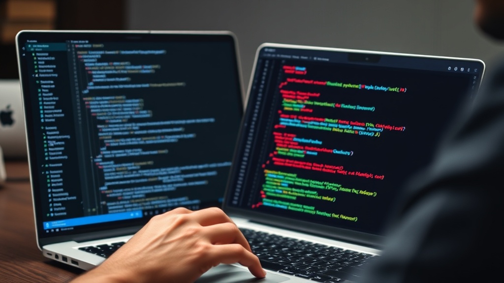 Developer reviewing code on a laptop with Git terminal visible