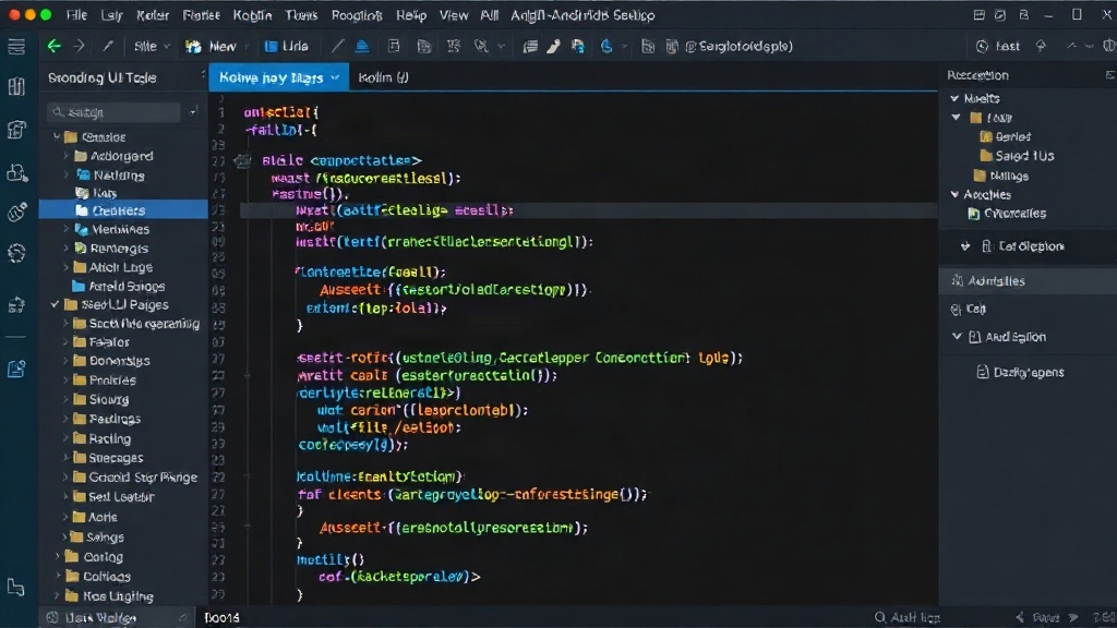 Android Studio IDE displaying Kotlin code snippets for coroutines and UI elements.