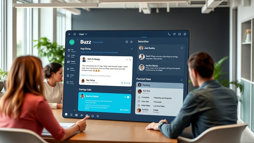 Mockup of Buzz UI showing integrated chat, AI assistant, and Git repository view