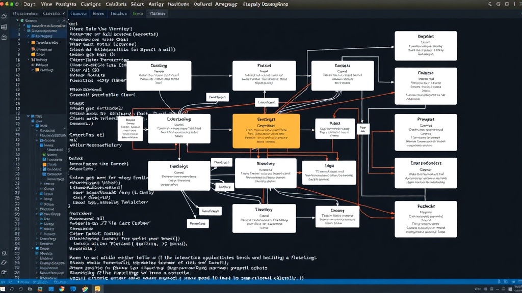 A complex, multi-layered software architecture diagram with many interconnected boxes