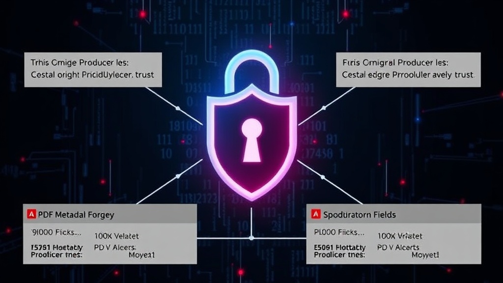 Diagram illustrating the PDF metadata forgery process, showing original vs. spoofed Producer fields
