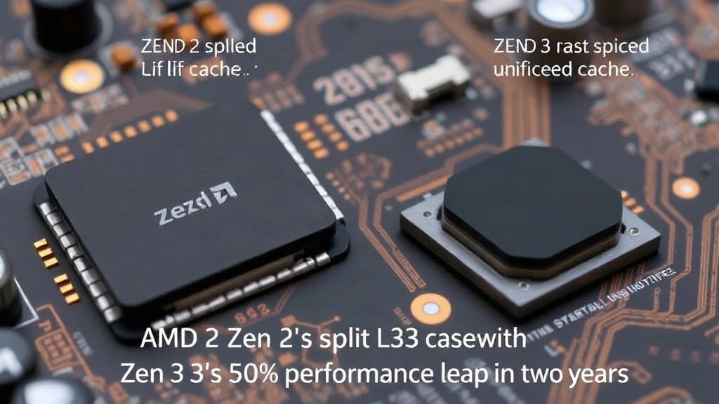 Diagram comparing Zen 2's split L3 cache with Zen 3's unified L3 cache structure.