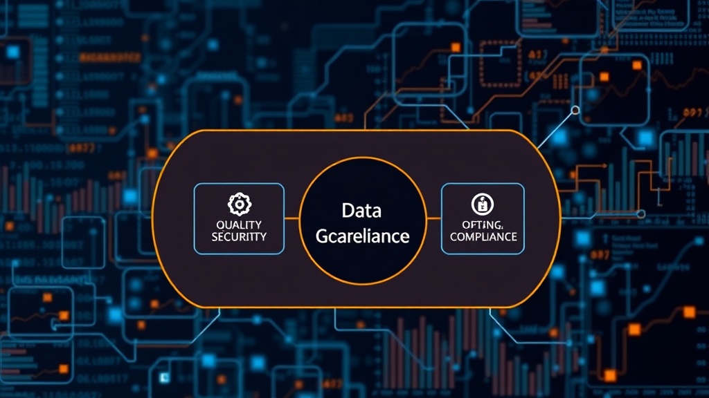 A visual representation of a data governance framework, showing interconnected modules for quality, security, and compliance.