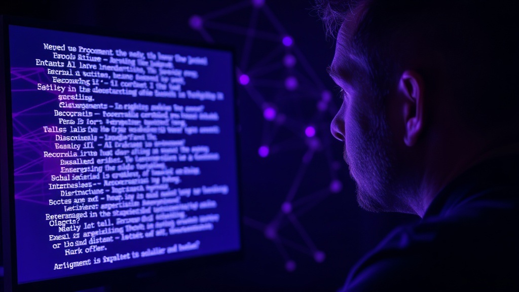 A person looking at a computer screen, with glowing AI-generated text forming complex arguments.