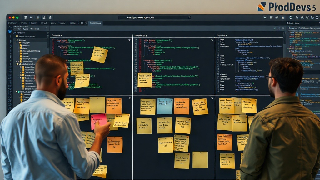 Desenvolvedores colaborando em um quadro Kanban com post-its de funcionalidades e regras de negócio