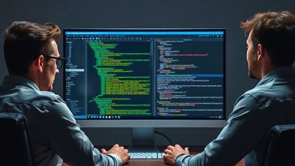 Developer team discussing code review findings on a monitor