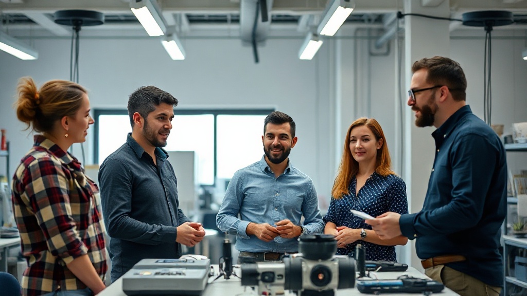 Founders discussing AI and manufacturing technologies in a modern lab setting