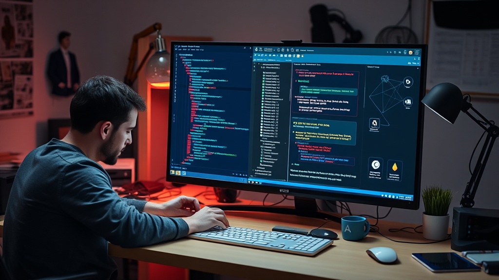 A split screen showing a developer writing code on one side and an AI chatbot interface on the other.