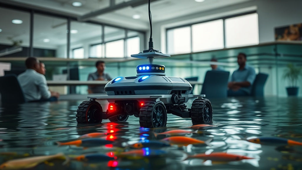 Underwater robot equipped with AI sensors being deployed into a fish pond